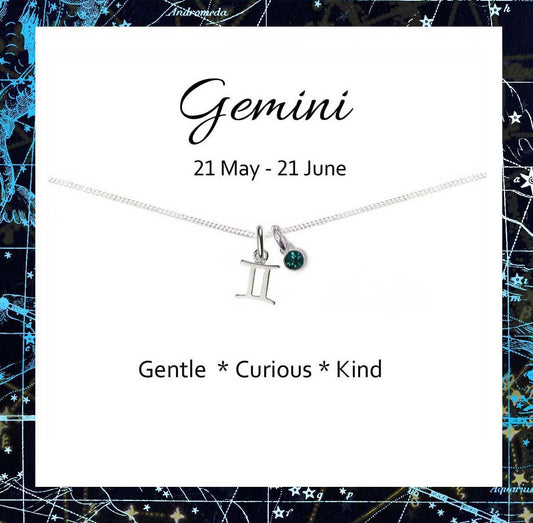 Gemini Zodiac Necklace with Birthstone in Sterling Silver 925, Personalised Jewellery Gift