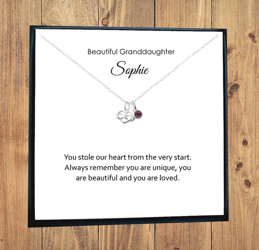 Granddaughter Infinity Heart Necklace with Birthstone in Sterling Silver 925, Personalised Gift