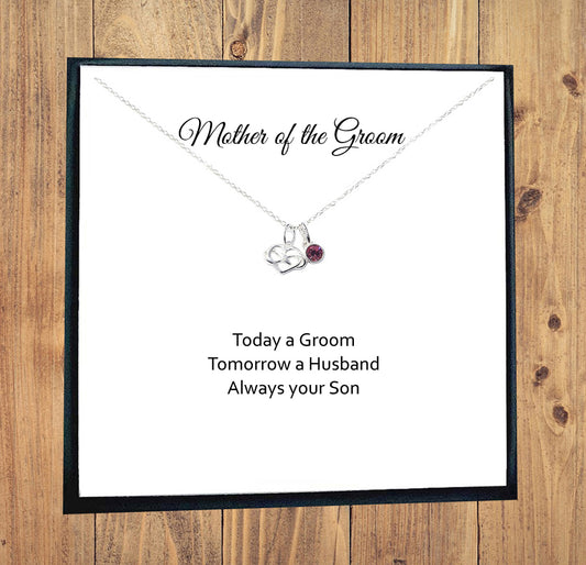 Mother of the Groom Infinity Heart Necklace with Birthstone in Sterling Silver 925, Personalised Gift