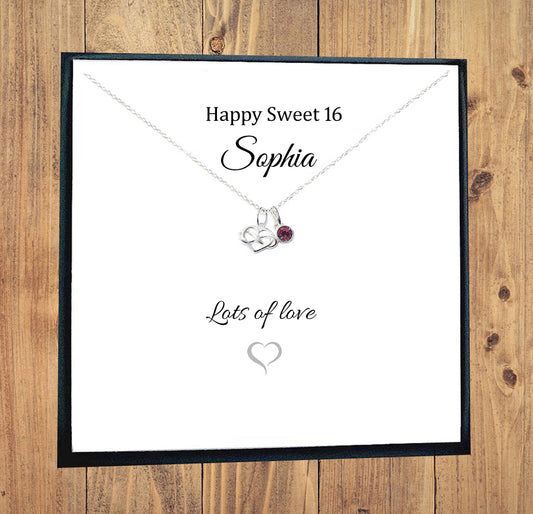 Sweet 16 Infinity Heart Necklace with Birthstone in Sterling Silver 925, Personalised Gift