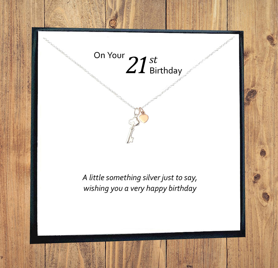 21st Birthday Key Necklace with Rose Gold Heart in Sterling Silver 925, Personalised Gift