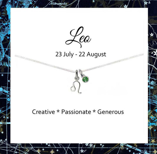 Leo Zodiac Necklace with Birthstone in Sterling Silver 925, Personalised Jewellery Gift