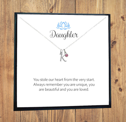Daughter Letter Necklace with Birthstone in Sterling Silver 925, Personalised Gift