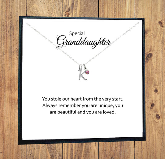 Granddaughter Letter Necklace with Birthstone in Sterling Silver 925, Personalised Gift