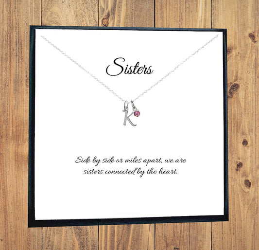 Sister Letter Necklace with Birthstone in Sterling Silver 925, Personalised Gift