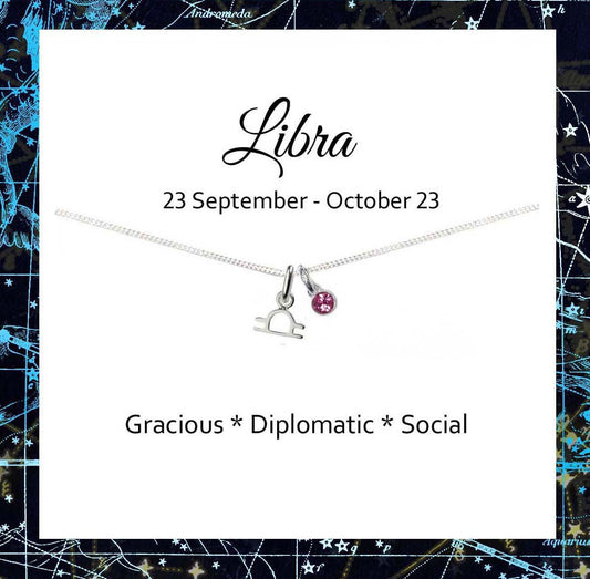 Libra Zodiac Necklace with Birthstone in Sterling Silver 925, Personalised Jewellery Gift
