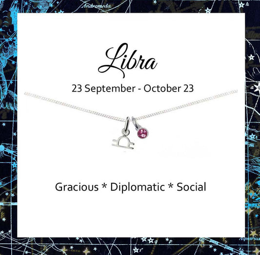 Libra Zodiac Necklace with Birthstone in Sterling Silver 925, Personalised Gift