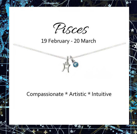 Pisces Zodiac Necklace with Birthstone in Sterling Silver 925, Personalised Jewellery Gift