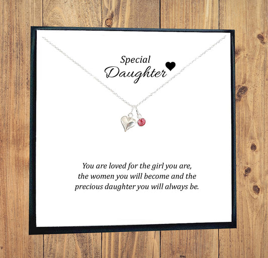 Daughter Puffy Heart Necklace with Birthstone in Sterling Silver 925, Personalised Gift