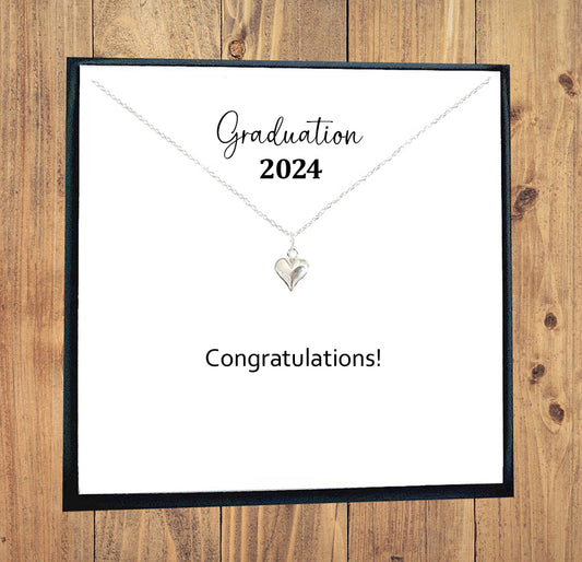 Graduation Puffy Heart Necklace in Sterling Silver 925, Personalised Gift