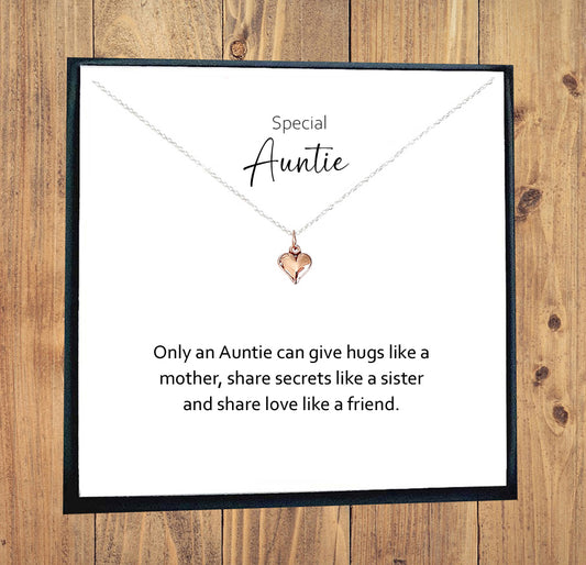 Auntie Rose Gold Puffy Heart Necklace in Sterling Silver 925, Personalised Gift