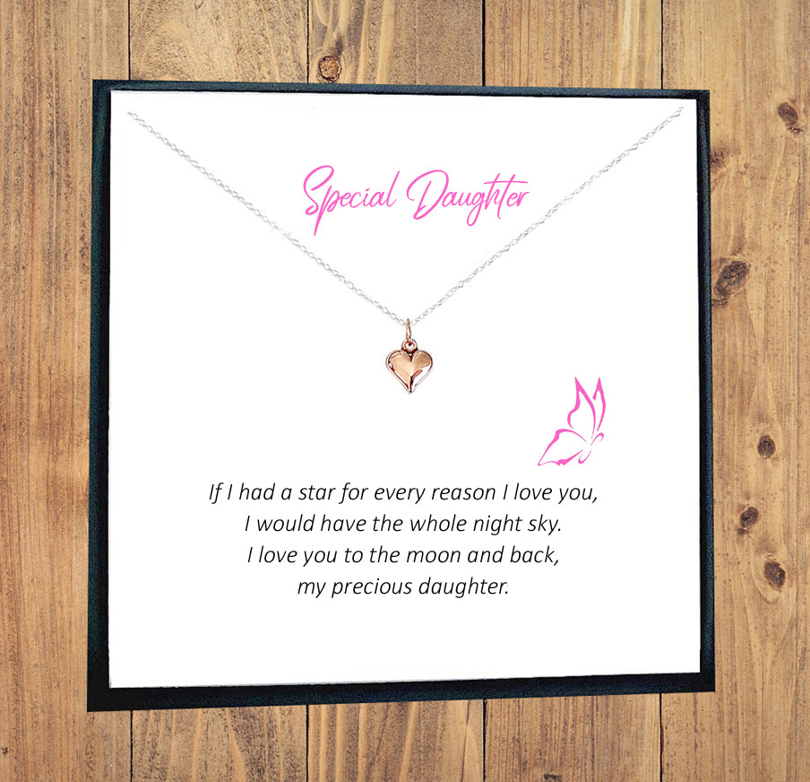 Daughter Rose Gold Puffy Heart Necklace in Sterling Silver 925, Personalised Gift