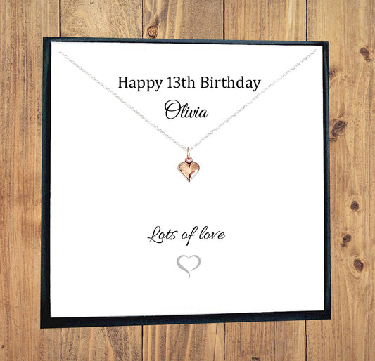 13th Birthday Gift Rose Gold Puffy Heart Necklace for Teen Girl's 925 Sterling Silver Message Jewellery