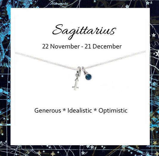 Sagittarius Zodiac Necklace with Birthstone in Sterling Silver 925, Personalised Jewellery Gift