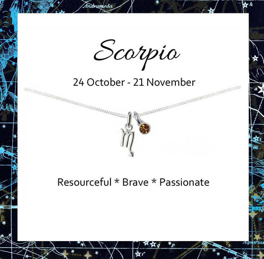 Scorpio Zodiac with Crystal Birthstone Necklace, Birthday Gift for Girls, Women, Message Jewellery