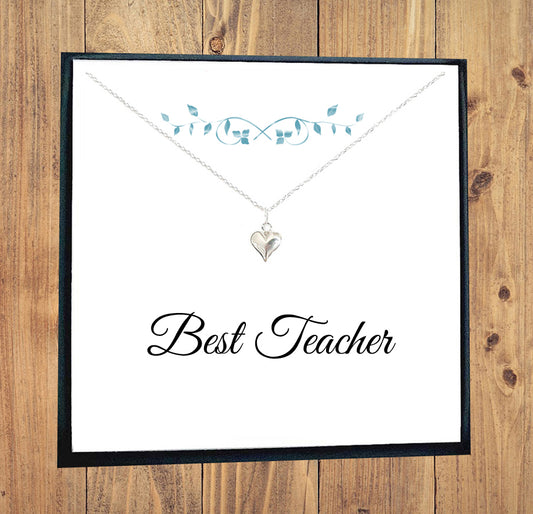Best Teacher Puffy Heart Necklace in Sterling Silver 925, Personalised Gift