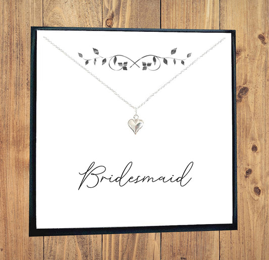 Bridesmaid Puffy Heart Necklace in Sterling Silver 925, Personalised Gift