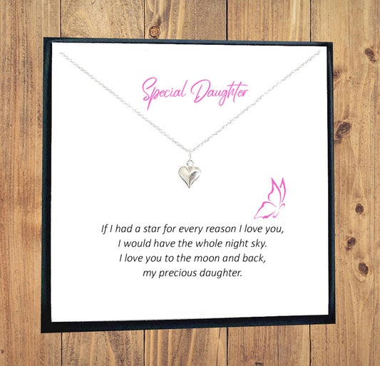 Daughter Puffy Heart Necklace in Sterling Silver 925, Personalised Gift