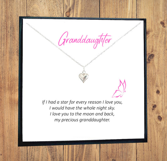 Granddaughter Puffy Heart Necklace in Sterling Silver 925, Personalised Gift