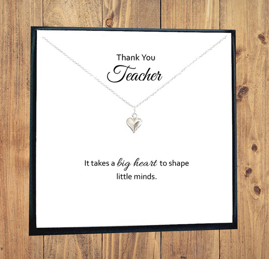 Thank You Teacher Puffy Heart Necklace in Sterling Silver 925, Personalised Gift
