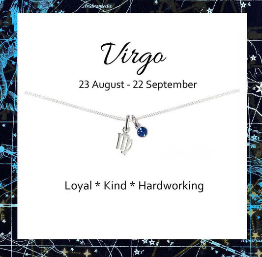 Virgo Zodiac Necklace with Birthstone in Sterling Silver 925, Personalised Jewellery Gift