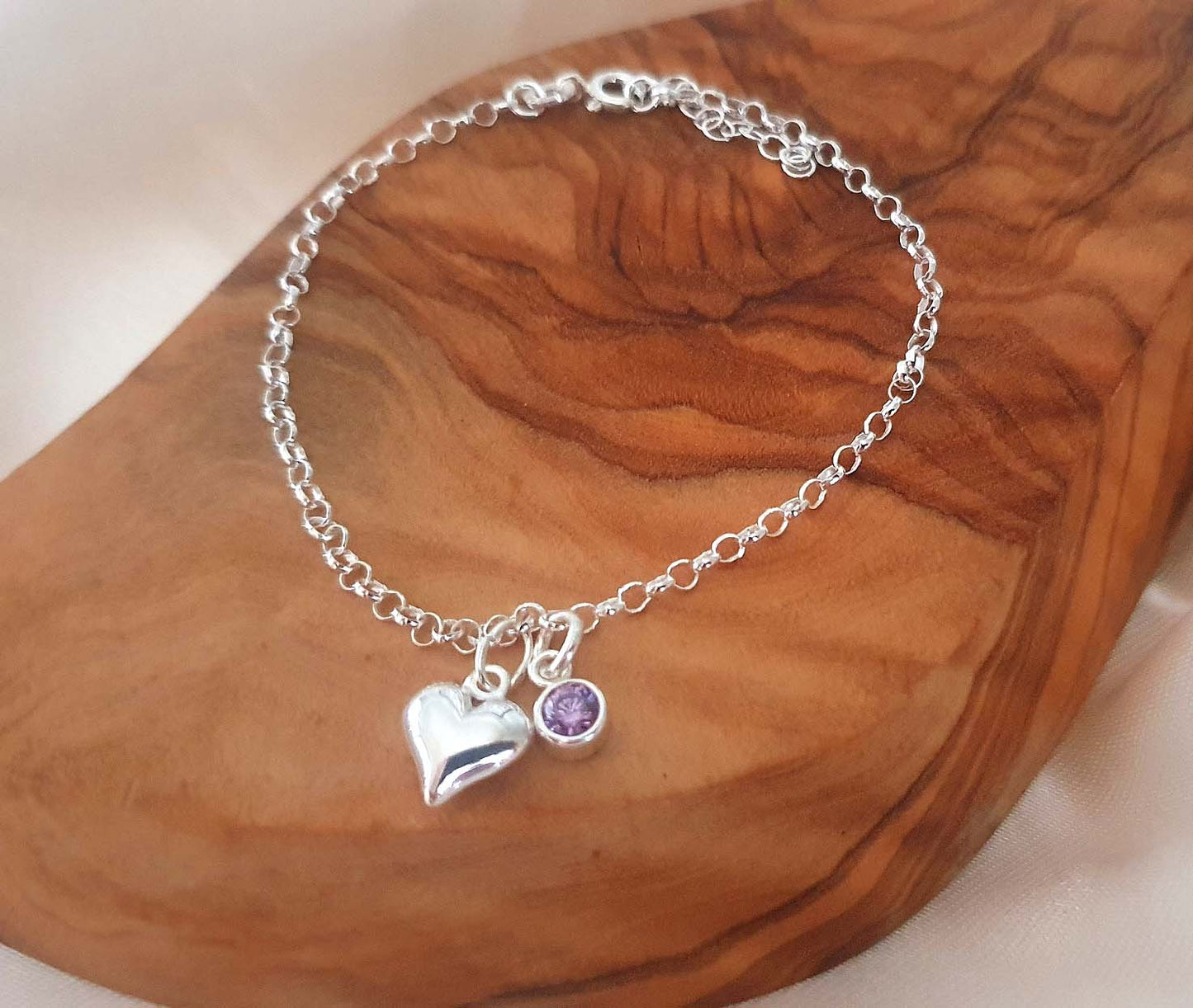 Daughter Puffy Heart Bracelet with Birthstone in Sterling Silver 925, Personalised Jewellery Gift