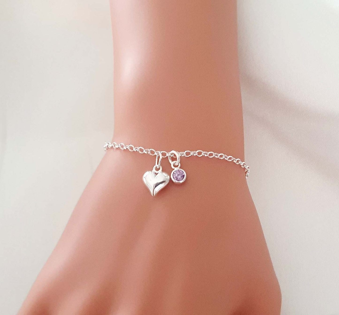 Daughter Puffy Heart Bracelet with Birthstone in Sterling Silver 925, Personalised Jewellery Gift