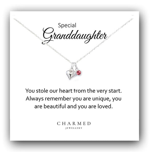Granddaughter Puffy Heart Necklace with Birthstone in Sterling Silver 925, Personalised Jewellery Gift