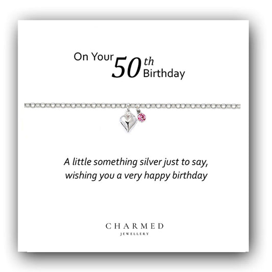 50th Birthday Puffy Heart Bracelet with Birthstone in Sterling Silver 925, Personalised Jewellery Gift