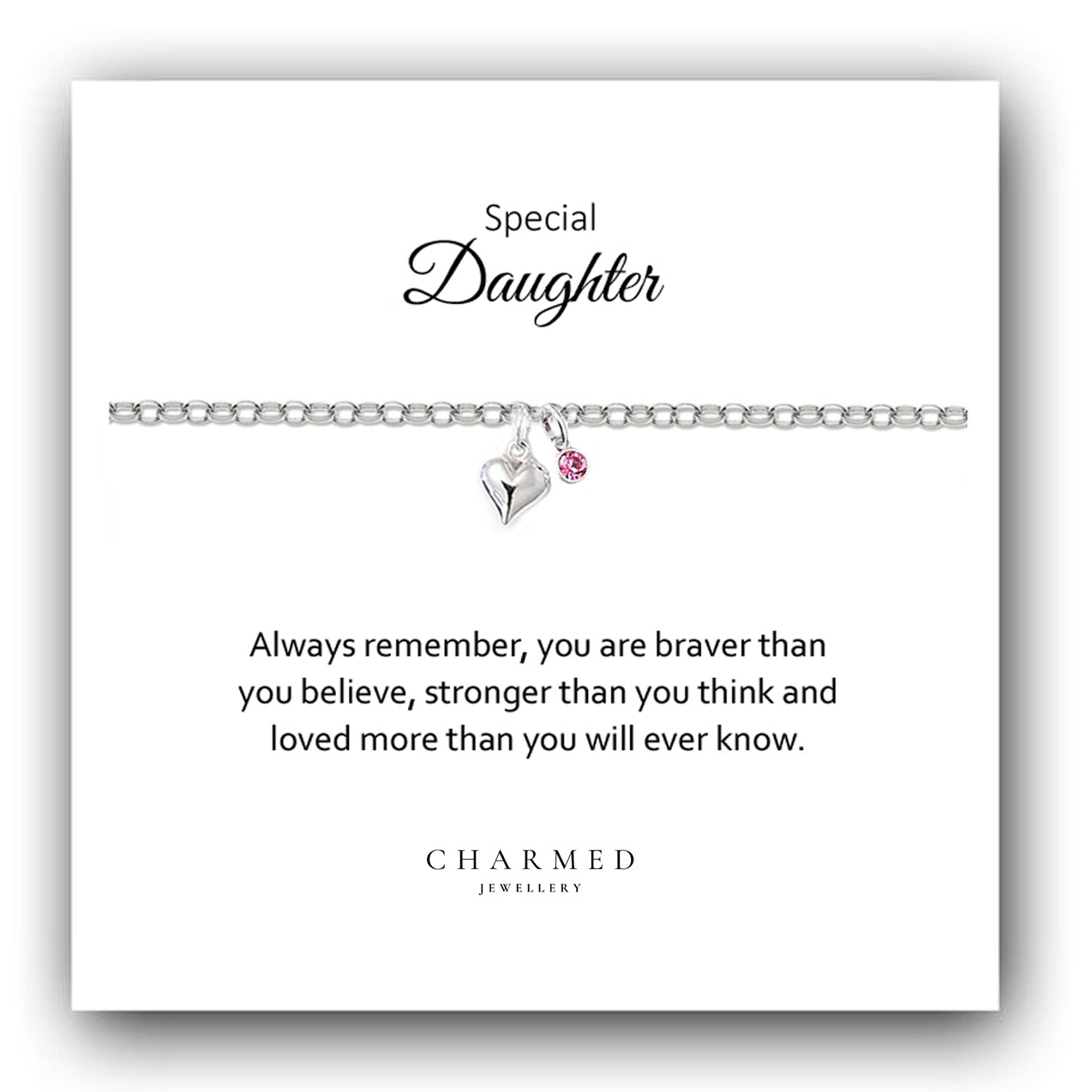 Daughter Puffy Heart Bracelet with Birthstone in Sterling Silver 925, Personalised Jewellery Gift