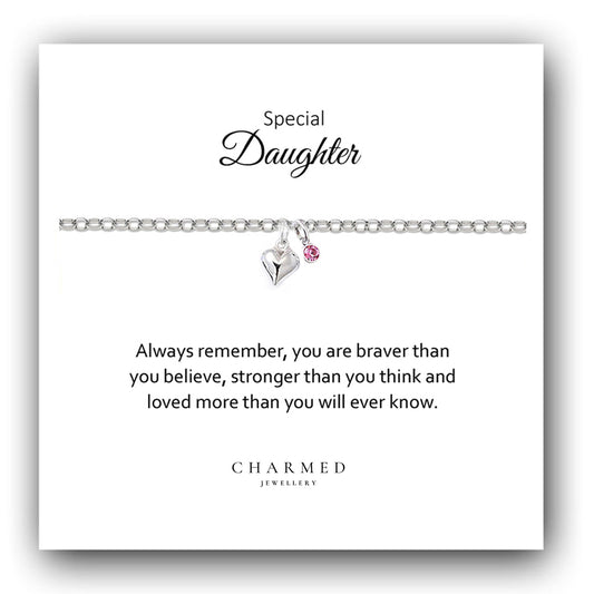 Daughter Puffy Heart Bracelet with Birthstone in Sterling Silver 925, Personalised Jewellery Gift