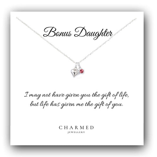 Bonus Daughter Puffy Heart Birthstone Necklace Sterling Silver 925, Personalised Jewellery Gift