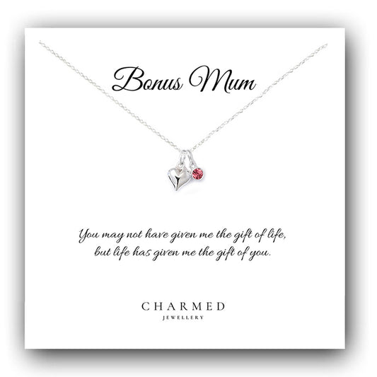Bonus Mum Puffy Heart Necklace with Birthstone in Sterling Silver 925, Personalised Jewellery Gift