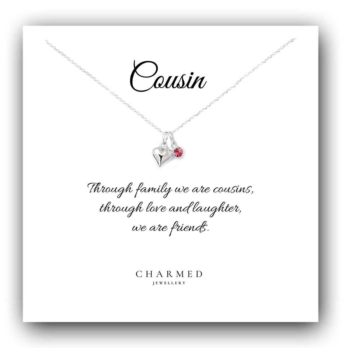 Cousin Puffy Heart Necklace with Birthstone in Sterling Silver 925, Personalised Jewellery Gift