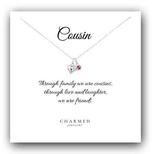 Cousin Puffy Heart Necklace with Birthstone in Sterling Silver 925, Personalised Jewellery Gift