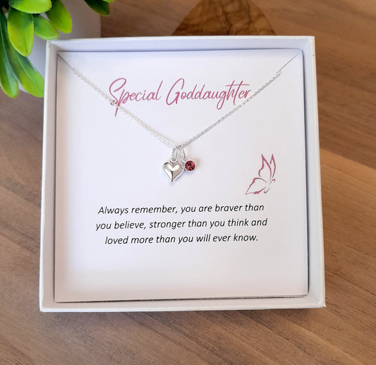 Goddaughter Gift Heart Necklace with Birthstone in Sterling Silver 925, Personalised Jewellery Gift