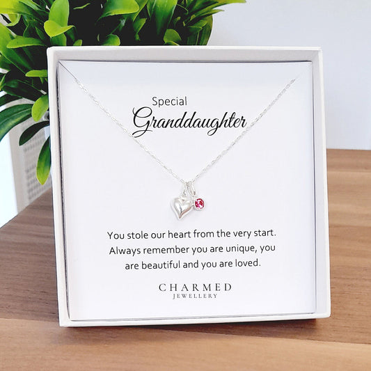 Granddaughter Heart Necklace with Birthstone | Sterling Silver 925 | Personalised Jewellery Gift