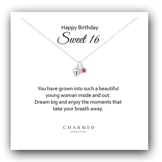 Sweet 16 Puffy Heart Necklace with Birthstone in Sterling Silver 925, Personalised Jewellery Gift