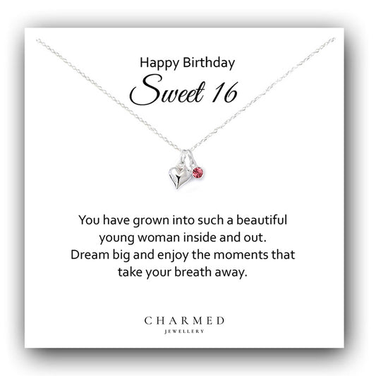 Sweet 16 Heart Necklace with Birthstone | Sterling Silver 925 | Personalised 16th Birthday Gift