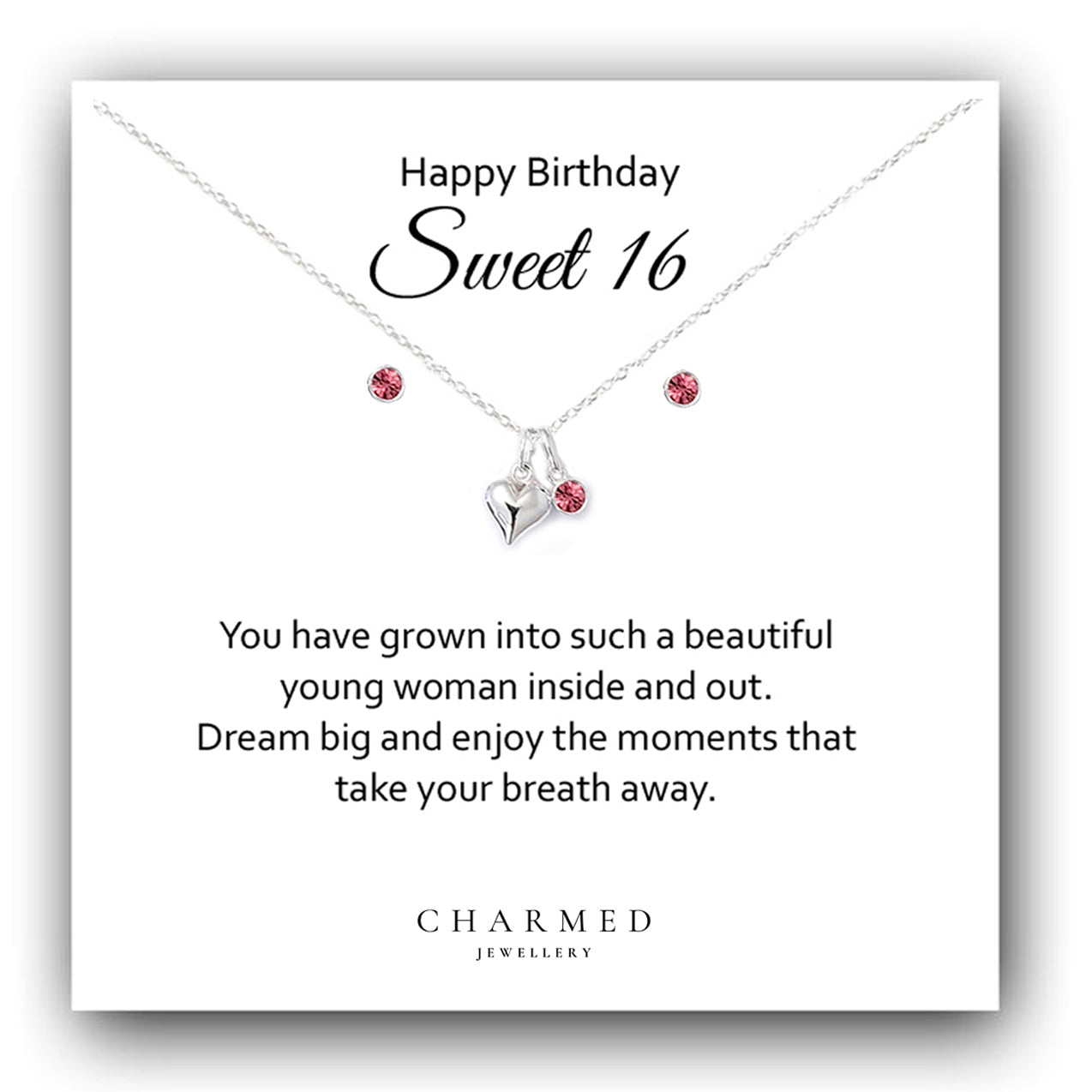 Sweet 16 Stud Earrings & Necklace Gift Set with Birthstone | Sterling Silver 925 | Personalised Jewellery