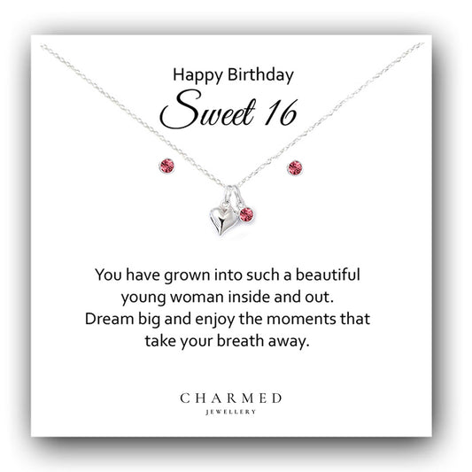 Sweet 16 Stud Earrings & Necklace Gift Set with Birthstone | Sterling Silver 925 | Personalised Jewellery