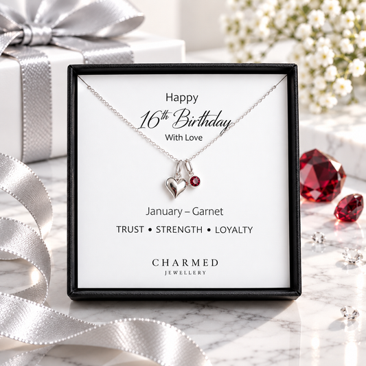 16th Birthday Gift | Puffy Heart Necklace with Crystal Birthstone in 925 Sterling Silver