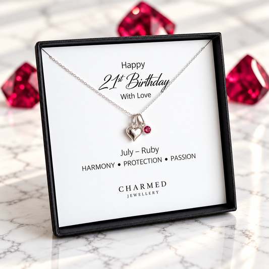 21st Birthday Gift | Puffy Heart Necklace with Crystal Birthstone in 925 Sterling Silver