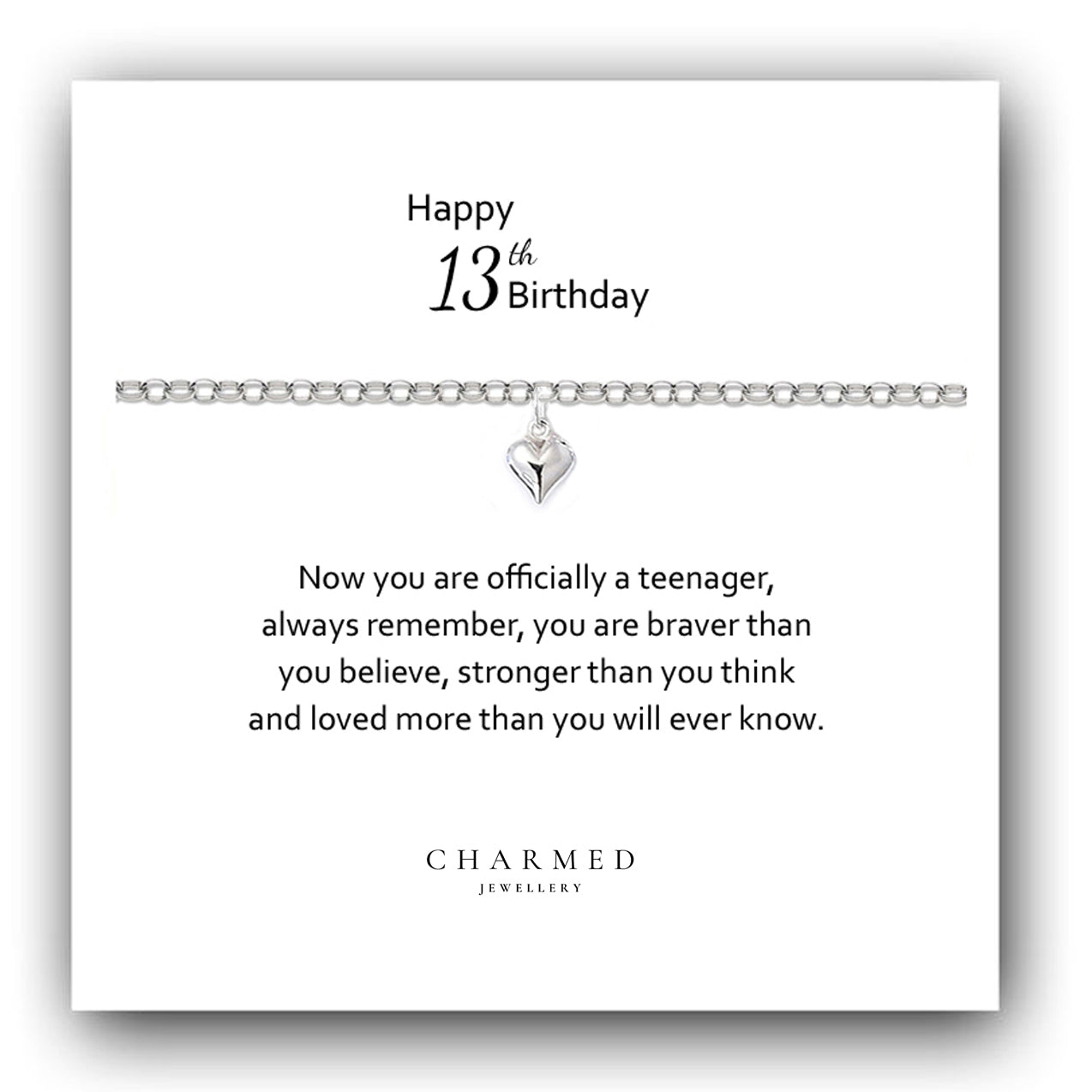 13th Birthday Puffy Heart Bracelet in Sterling Silver 925 - Personalised Jewellery Gift