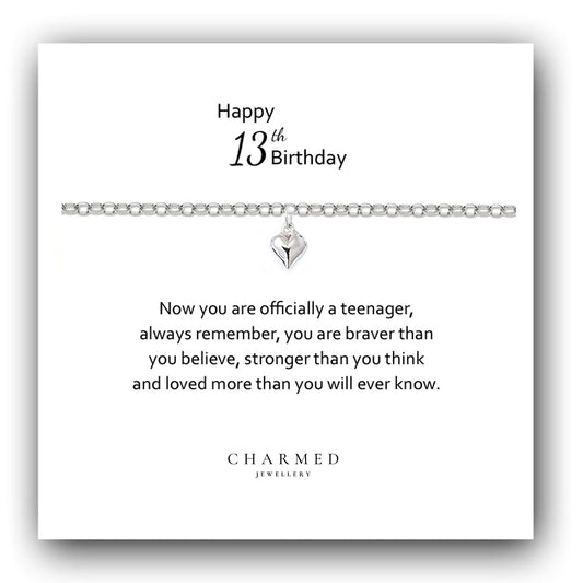 13th Birthday Puffy Heart Bracelet in Sterling Silver 925 - Personalised Jewellery Gift
