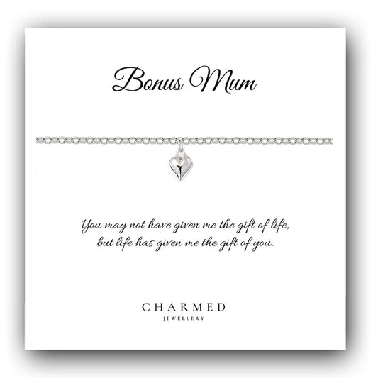Bonus Mum Puffy Heart Bracelet in Sterling Silver 925, Personalised Jewellery Gift