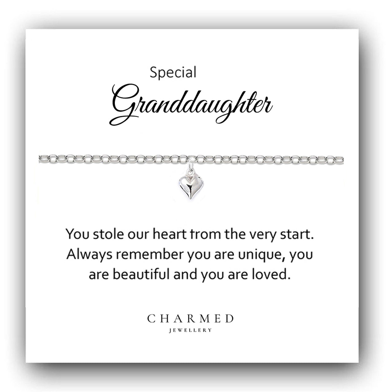 Granddaughter Puffy Heart Bracelet in Sterling Silver 925, Personalised Jewellery Gift