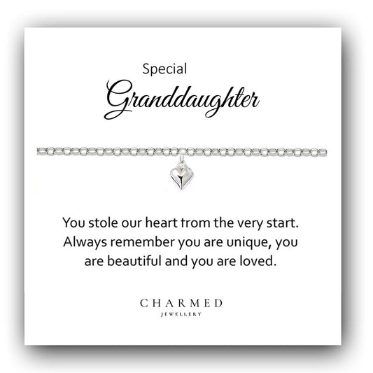 Granddaughter Puffy Heart Bracelet in Sterling Silver 925, Personalised Jewellery Gift