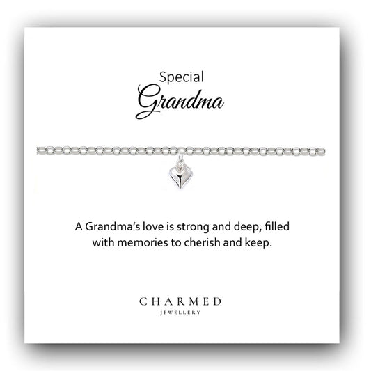 Grandma Puffy Heart Bracelet in Sterling Silver 925, Personalised Jewellery Gift