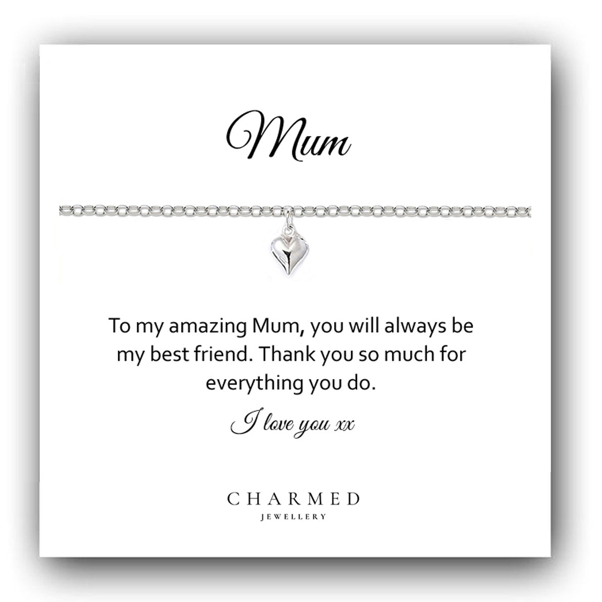 Mum Puffy Heart Bracelet in Sterling Silver 925, Personalised Gift